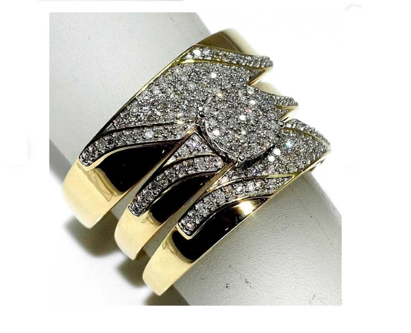 Bluebelljewels 14k Yellow Gold Plated Trio Ring Set, 925 Sterling Silver Round Cut Simulated Diamond Gift For Her Wedding Ring Set